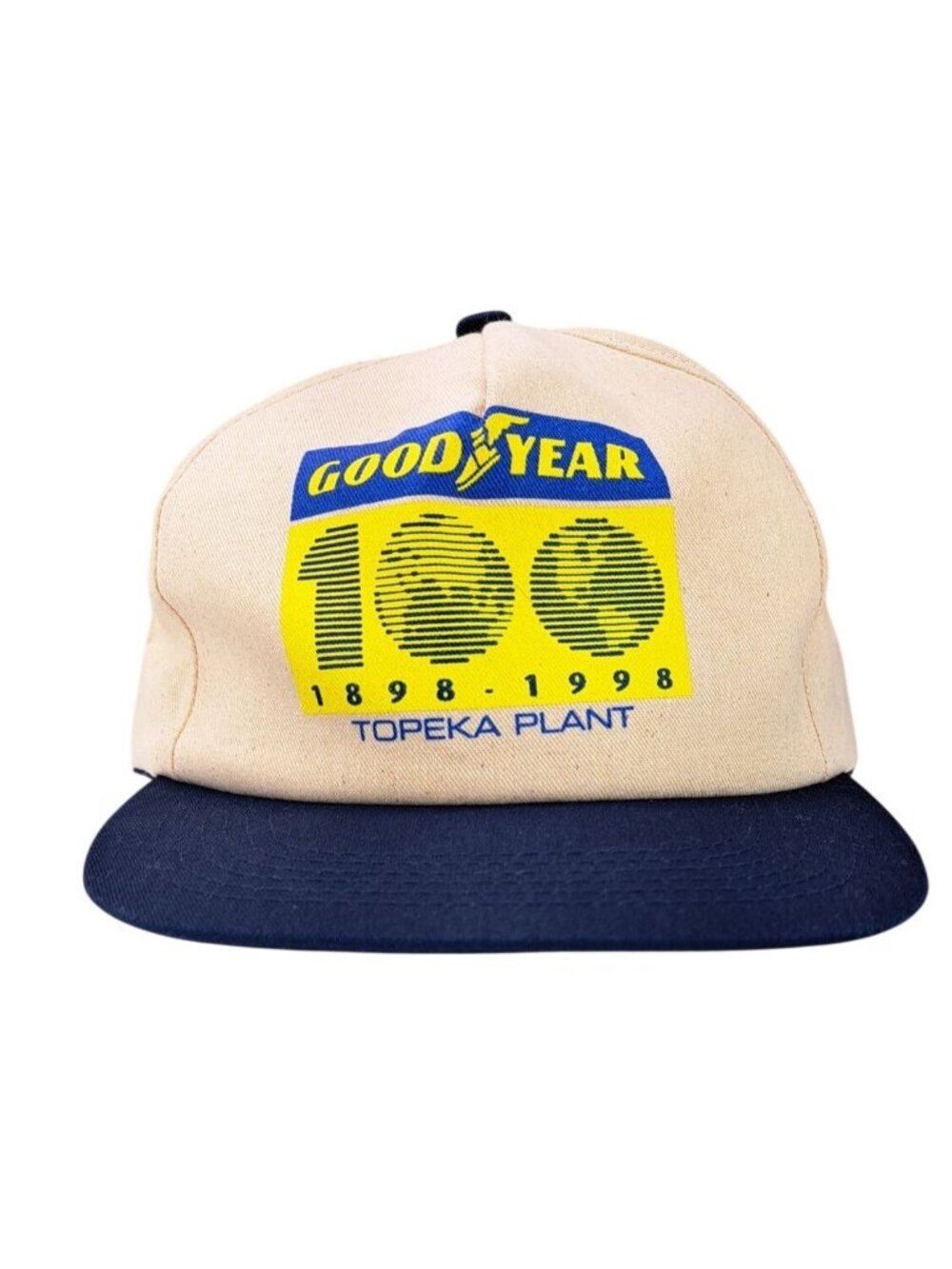Vintage Goodyear 100th Anniversary Topeka Kansas Cap Snapback Hat Tan Blue New